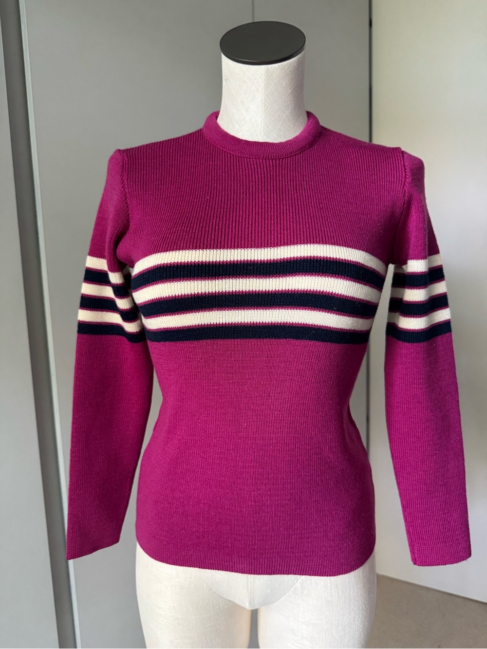 Vintage Wool Demeter Ski Sweater Fuchsia Navy White Stripes-  S